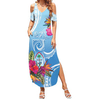 Hafa Adai Guam Family Matching Summer Maxi Dress and Hawaiian Shirt Tropical Flowers Blue Gradient LT05 Mom's Dress Blue - Polynesian Pride