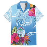 Hafa Adai Guam Family Matching Tank Maxi Dress and Hawaiian Shirt Tropical Flowers Blue Gradient LT05 Dad's Shirt - Short Sleeve Blue - Polynesian Pride