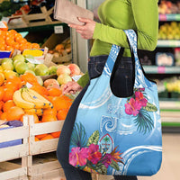 Hafa Adai Guam Grocery Bag Tropical Flowers Blue Gradient