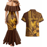 Personalised Hawaii Mililani High School Couples Matching Mermaid Dress and Hawaiian Shirt Tribal Tattoo With Hibiscus Flowers LT05 - Polynesian Pride