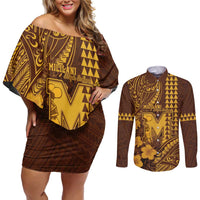 Personalised Hawaii Mililani High School Couples Matching Off Shoulder Short Dress and Long Sleeve Button Shirt Tribal Tattoo With Hibiscus Flowers LT05 Brown - Polynesian Pride