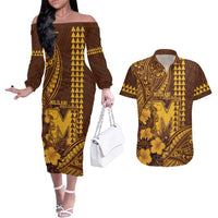 Personalised Hawaii Mililani High School Couples Matching Off The Shoulder Long Sleeve Dress and Hawaiian Shirt Tribal Tattoo With Hibiscus Flowers LT05 Brown - Polynesian Pride