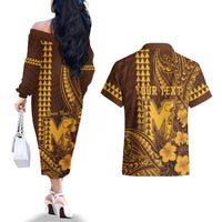 Personalised Hawaii Mililani High School Couples Matching Off The Shoulder Long Sleeve Dress and Hawaiian Shirt Tribal Tattoo With Hibiscus Flowers LT05 - Polynesian Pride