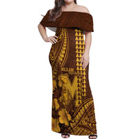 Personalised Hawaii Mililani High School Off Shoulder Maxi Dress Tribal Tattoo With Hibiscus Flowers LT05 Women Brown - Polynesian Pride