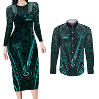 Personalised New Zealand Darts Couples Matching Long Sleeve Bodycon Dress and Long Sleeve Button Shirt Turquoise Dart Board Maori Pattern LT05 Turquoise - Polynesian Pride