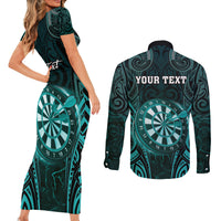 Personalised New Zealand Darts Couples Matching Short Sleeve Bodycon Dress and Long Sleeve Button Shirt Turquoise Dart Board Maori Pattern LT05 - Polynesian Pride