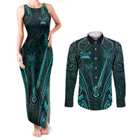 Personalised New Zealand Darts Couples Matching Tank Maxi Dress and Long Sleeve Button Shirt Turquoise Dart Board Maori Pattern LT05 Turquoise - Polynesian Pride