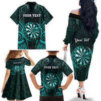 Personalised New Zealand Darts Family Matching Off The Shoulder Long Sleeve Dress and Hawaiian Shirt Turquoise Dart Board Maori Pattern LT05 - Polynesian Pride