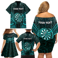 Personalised New Zealand Darts Family Matching Off Shoulder Short Dress and Hawaiian Shirt Turquoise Dart Board Maori Pattern LT05 - Polynesian Pride
