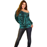 Personalised New Zealand Darts Off Shoulder Sweater Turquoise Dart Board Maori Pattern
