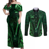 Personalised New Zealand Darts Couples Matching Off Shoulder Maxi Dress and Long Sleeve Button Shirt Green Dart Board Maori Pattern LT05 Green - Polynesian Pride