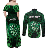 Personalised New Zealand Darts Couples Matching Off Shoulder Maxi Dress and Long Sleeve Button Shirt Green Dart Board Maori Pattern LT05 - Polynesian Pride