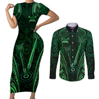 Personalised New Zealand Darts Couples Matching Short Sleeve Bodycon Dress and Long Sleeve Button Shirt Green Dart Board Maori Pattern LT05 Green - Polynesian Pride