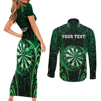 Personalised New Zealand Darts Couples Matching Short Sleeve Bodycon Dress and Long Sleeve Button Shirt Green Dart Board Maori Pattern LT05 - Polynesian Pride