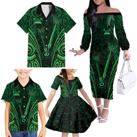 Personalised New Zealand Darts Family Matching Off The Shoulder Long Sleeve Dress and Hawaiian Shirt Green Dart Board Maori Pattern LT05 - Polynesian Pride
