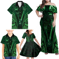 Personalised New Zealand Darts Family Matching Off Shoulder Maxi Dress and Hawaiian Shirt Green Dart Board Maori Pattern LT05 - Polynesian Pride