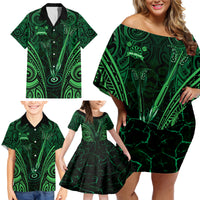 Personalised New Zealand Darts Family Matching Off Shoulder Short Dress and Hawaiian Shirt Green Dart Board Maori Pattern LT05 - Polynesian Pride