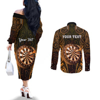 Personalised New Zealand Darts Couples Matching Off The Shoulder Long Sleeve Dress and Long Sleeve Button Shirt Gold Dart Board Maori Pattern LT05 - Polynesian Pride