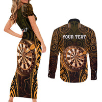 Personalised New Zealand Darts Couples Matching Short Sleeve Bodycon Dress and Long Sleeve Button Shirt Gold Dart Board Maori Pattern LT05 - Polynesian Pride