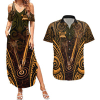 Personalised New Zealand Darts Couples Matching Summer Maxi Dress and Hawaiian Shirt Gold Dart Board Maori Pattern LT05 Gold - Polynesian Pride