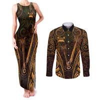 Personalised New Zealand Darts Couples Matching Tank Maxi Dress and Long Sleeve Button Shirt Gold Dart Board Maori Pattern LT05 Gold - Polynesian Pride