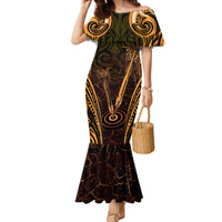 Personalised New Zealand Darts Family Matching Mermaid Dress and Hawaiian Shirt Gold Dart Board Maori Pattern LT05 Mom's Dress Gold - Polynesian Pride
