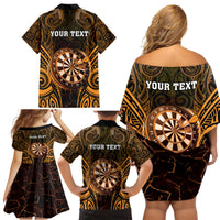 Personalised New Zealand Darts Family Matching Off Shoulder Short Dress and Hawaiian Shirt Gold Dart Board Maori Pattern LT05 - Polynesian Pride