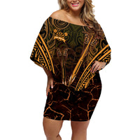 Personalised New Zealand Darts Family Matching Off Shoulder Short Dress and Hawaiian Shirt Gold Dart Board Maori Pattern LT05 Mom's Dress Gold - Polynesian Pride