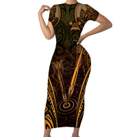 Personalised New Zealand Darts Family Matching Short Sleeve Bodycon Dress and Hawaiian Shirt Gold Dart Board Maori Pattern LT05 Mom's Dress Gold - Polynesian Pride