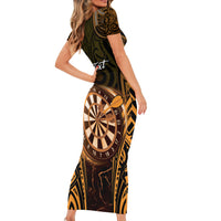 Personalised New Zealand Darts Family Matching Short Sleeve Bodycon Dress and Hawaiian Shirt Gold Dart Board Maori Pattern LT05 - Polynesian Pride