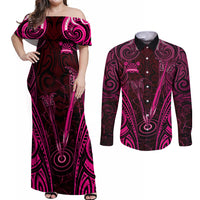 Personalised New Zealand Darts Couples Matching Off Shoulder Maxi Dress and Long Sleeve Button Shirt Pink Dart Board Maori Pattern LT05 Pink - Polynesian Pride