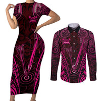 Personalised New Zealand Darts Couples Matching Short Sleeve Bodycon Dress and Long Sleeve Button Shirt Pink Dart Board Maori Pattern LT05 Pink - Polynesian Pride