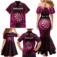 Personalised New Zealand Darts Family Matching Mermaid Dress and Hawaiian Shirt Pink Dart Board Maori Pattern LT05 - Polynesian Pride