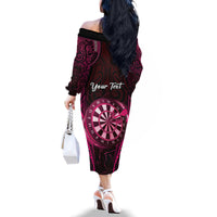 Personalised New Zealand Darts Family Matching Off The Shoulder Long Sleeve Dress and Hawaiian Shirt Pink Dart Board Maori Pattern LT05 - Polynesian Pride