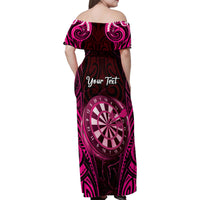 Personalised New Zealand Darts Family Matching Off Shoulder Maxi Dress and Hawaiian Shirt Pink Dart Board Maori Pattern LT05 - Polynesian Pride