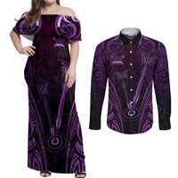 Personalised New Zealand Darts Couples Matching Off Shoulder Maxi Dress and Long Sleeve Button Shirt Purple Dart Board Maori Pattern LT05 Purple - Polynesian Pride