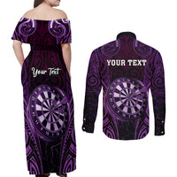 Personalised New Zealand Darts Couples Matching Off Shoulder Maxi Dress and Long Sleeve Button Shirt Purple Dart Board Maori Pattern LT05 - Polynesian Pride