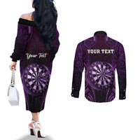 Personalised New Zealand Darts Couples Matching Off The Shoulder Long Sleeve Dress and Long Sleeve Button Shirt Purple Dart Board Maori Pattern LT05 - Polynesian Pride