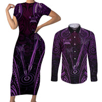 Personalised New Zealand Darts Couples Matching Short Sleeve Bodycon Dress and Long Sleeve Button Shirt Purple Dart Board Maori Pattern LT05 Purple - Polynesian Pride