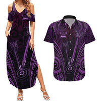 Personalised New Zealand Darts Couples Matching Summer Maxi Dress and Hawaiian Shirt Purple Dart Board Maori Pattern LT05 Purple - Polynesian Pride