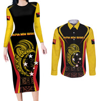 Custom Papua New Guinea Cricket Couples Matching Long Sleeve Bodycon Dress and Long Sleeve Button Shirt 2024 World Cup LT05 Black - Polynesian Pride