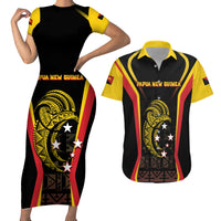 Custom Papua New Guinea Cricket Couples Matching Short Sleeve Bodycon Dress and Hawaiian Shirt 2024 World Cup LT05 Black - Polynesian Pride