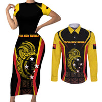 Custom Papua New Guinea Cricket Couples Matching Short Sleeve Bodycon Dress and Long Sleeve Button Shirt 2024 World Cup LT05 Black - Polynesian Pride