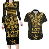 Personalised Philippines Independence Day Couples Matching Long Sleeve Bodycon Dress and Hawaiian Shirt Filipinos Sun Star Tribal LT05 Gold - Polynesian Pride