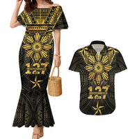 Personalised Philippines Independence Day Couples Matching Mermaid Dress and Hawaiian Shirt Filipinos Sun Star Tribal LT05 Gold - Polynesian Pride