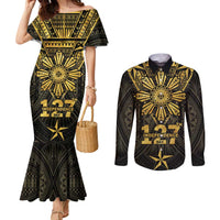 Personalised Philippines Independence Day Couples Matching Mermaid Dress and Long Sleeve Button Shirt Filipinos Sun Star Tribal LT05 Gold - Polynesian Pride