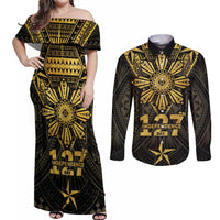 Personalised Philippines Independence Day Couples Matching Off Shoulder Maxi Dress and Long Sleeve Button Shirt Filipinos Sun Star Tribal LT05 Gold - Polynesian Pride