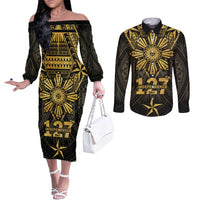 Personalised Philippines Independence Day Couples Matching Off The Shoulder Long Sleeve Dress and Long Sleeve Button Shirt Filipinos Sun Star Tribal LT05 Gold - Polynesian Pride