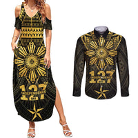 Personalised Philippines Independence Day Couples Matching Summer Maxi Dress and Long Sleeve Button Shirt Filipinos Sun Star Tribal LT05 Gold - Polynesian Pride
