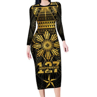 Personalised Philippines Independence Day Family Matching Long Sleeve Bodycon Dress and Hawaiian Shirt Filipinos Sun Star Tribal LT05 Mom's Dress Gold - Polynesian Pride